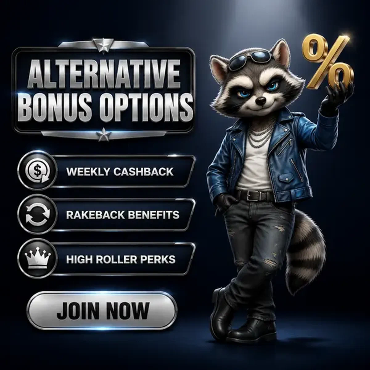Anthropomorphic raccoon in royal blue jacket holds golden percent emblem at Rockyspin Casino no deposit bonus hall