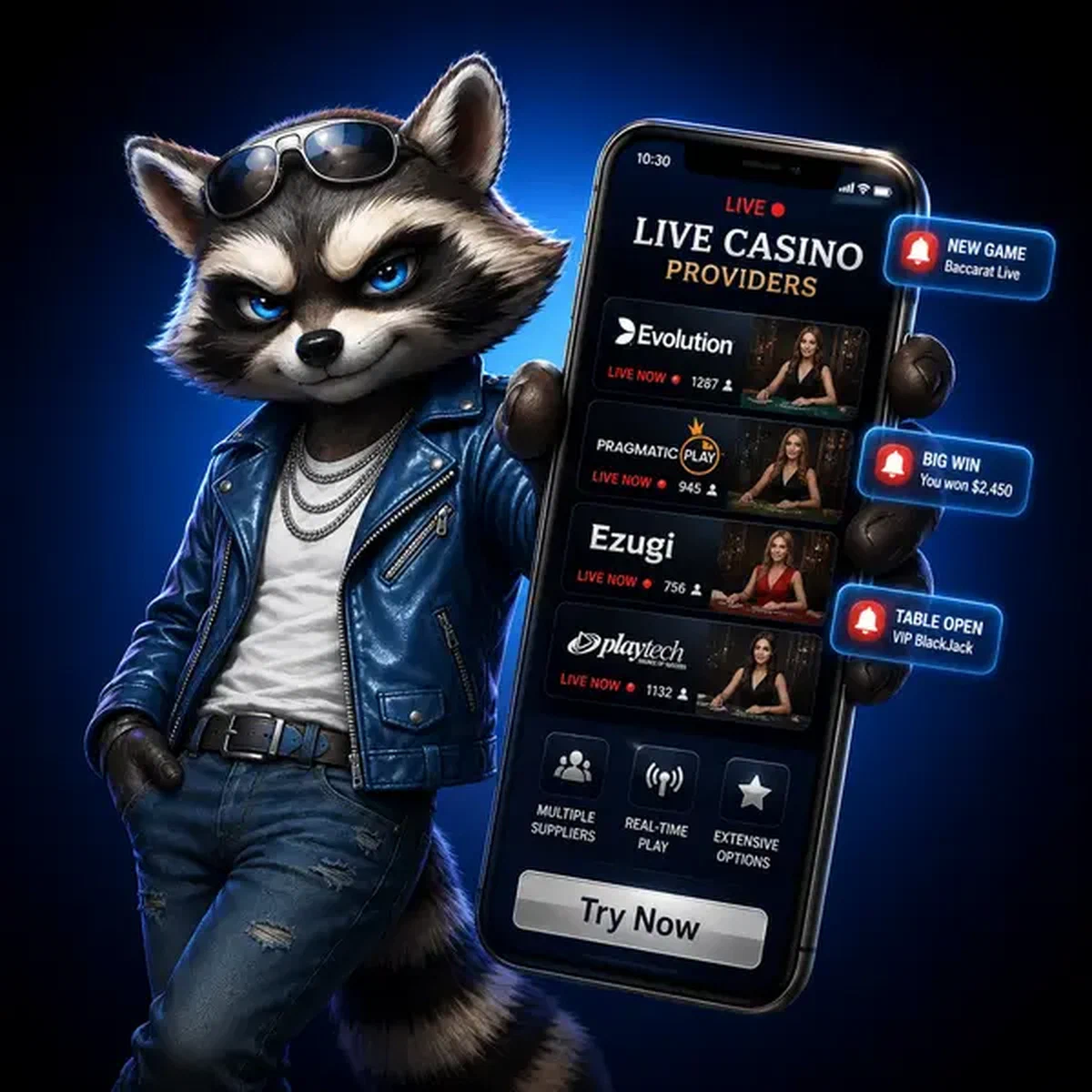 Anthropomorphic raccoon enjoying live dealer games at Rockyspin Casino on smartphone