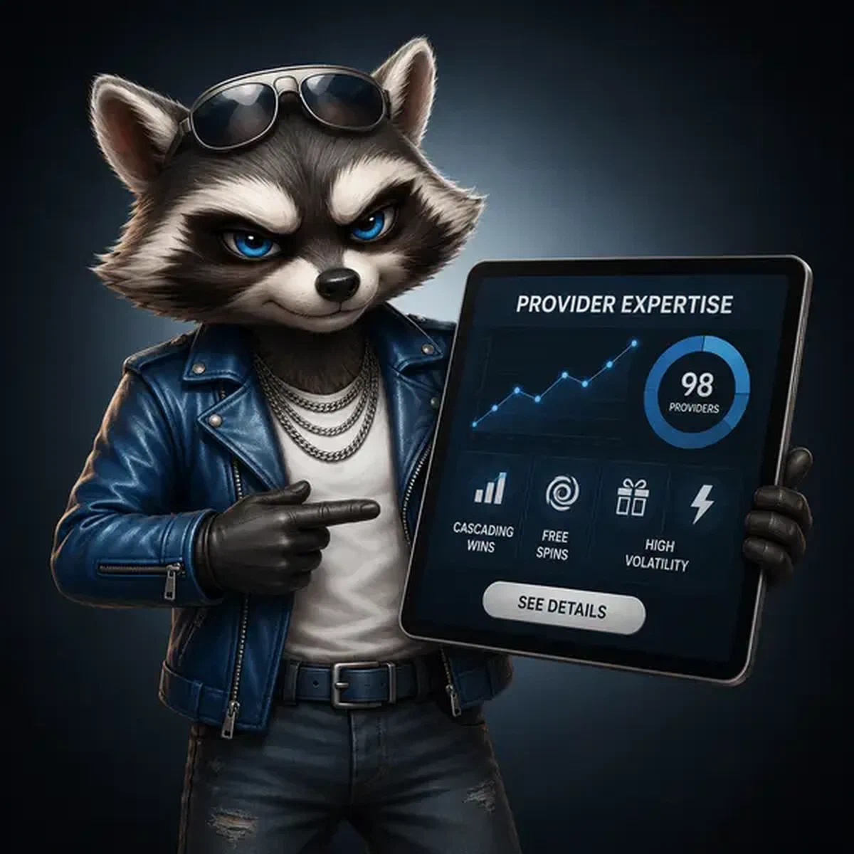 Confident raccoon analyst displays pokie provider data on tablet at Rockyspin Casino