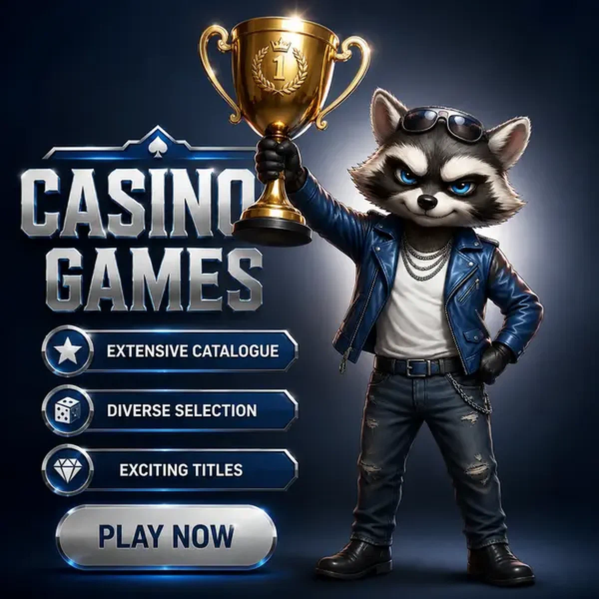 Anthropomorphic raccoon holding golden trophy at Rockyspin Casino Games tournament victory