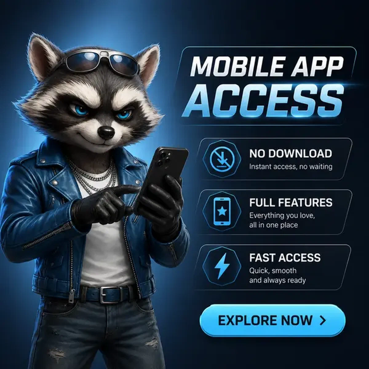 Anthropomorphic raccoon bassist confidently using smartphone to access Rockyspin mobile app features