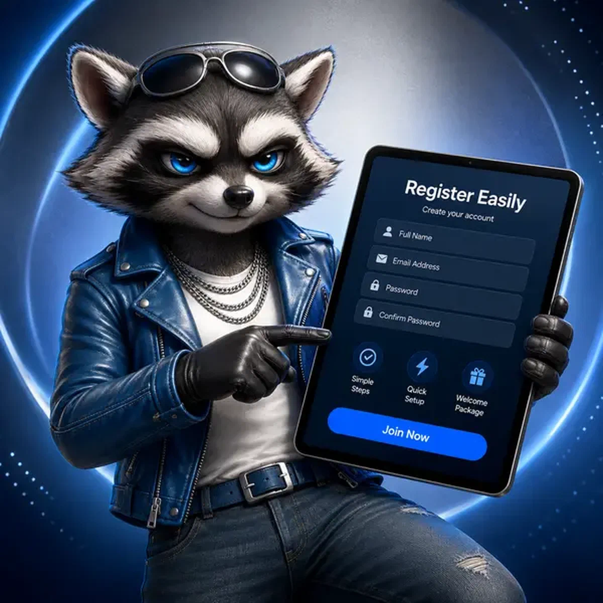 Anthropomorphic raccoon casually signing up at Rockyspin with tablet registration interface