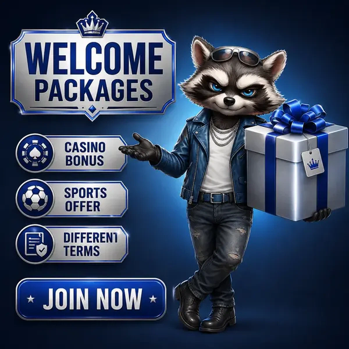 The Bassist raccoon presenting welcome packages at Rockyspin sports betting lounge