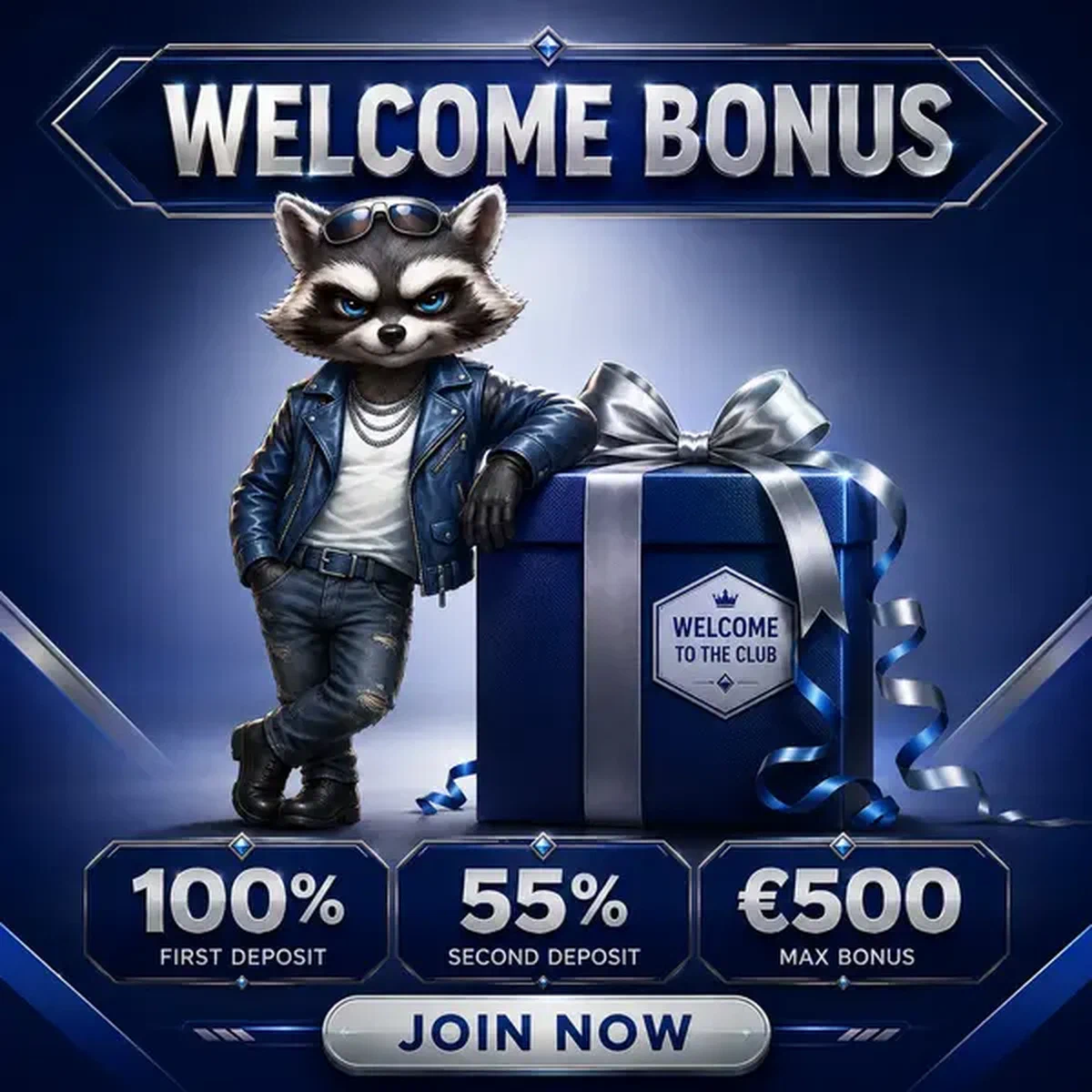Anthropomorphic raccoon bassist receiving welcome bonus gift at Rockyspin Casino