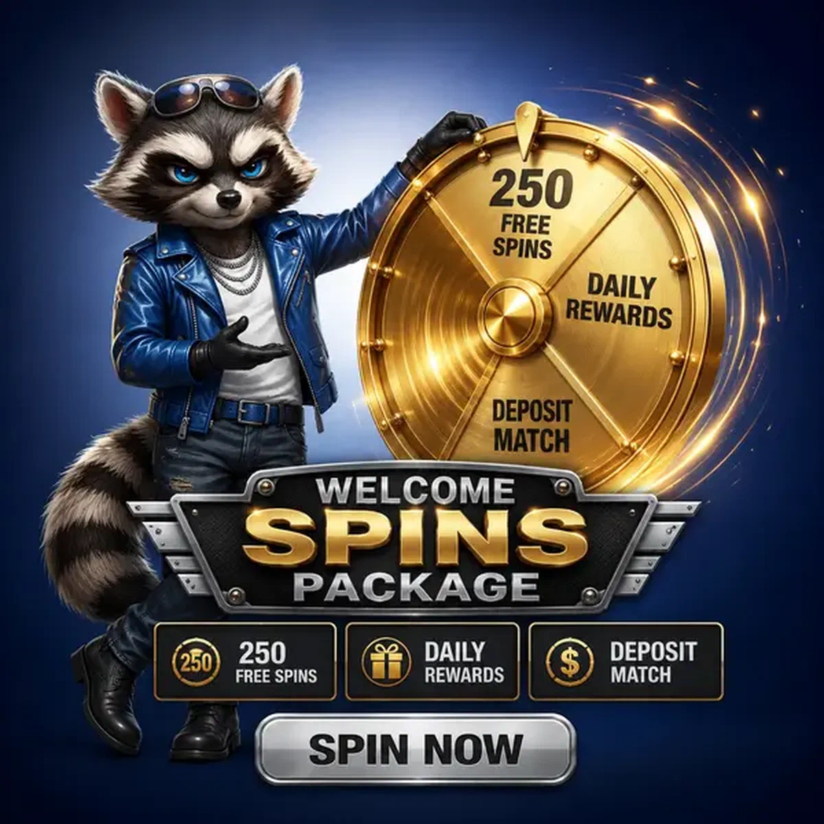 Anthropomorphic raccoon bassist confidently spinning golden prize wheel for Rockyspin free spins package