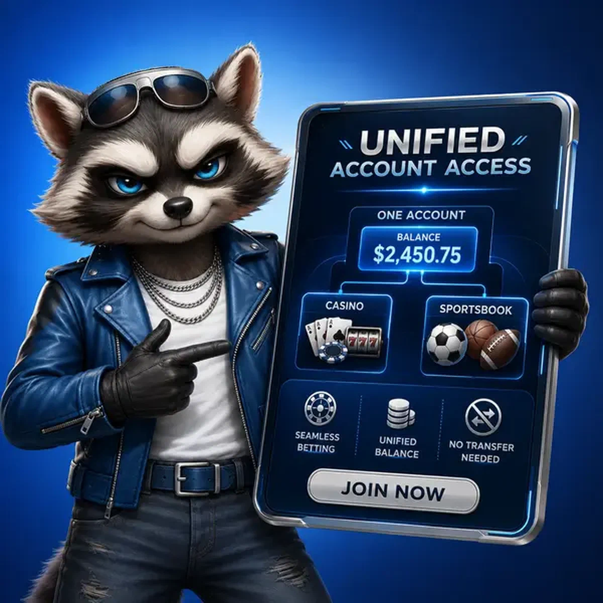 Raccoon gesturing at futuristic tablet showing Unified Account Access login portal