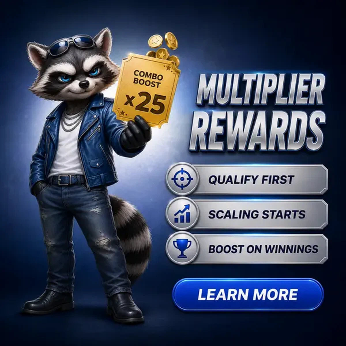 Confident raccoon displaying golden voucher for ComboBoost Multiplier Logic sports betting rewards