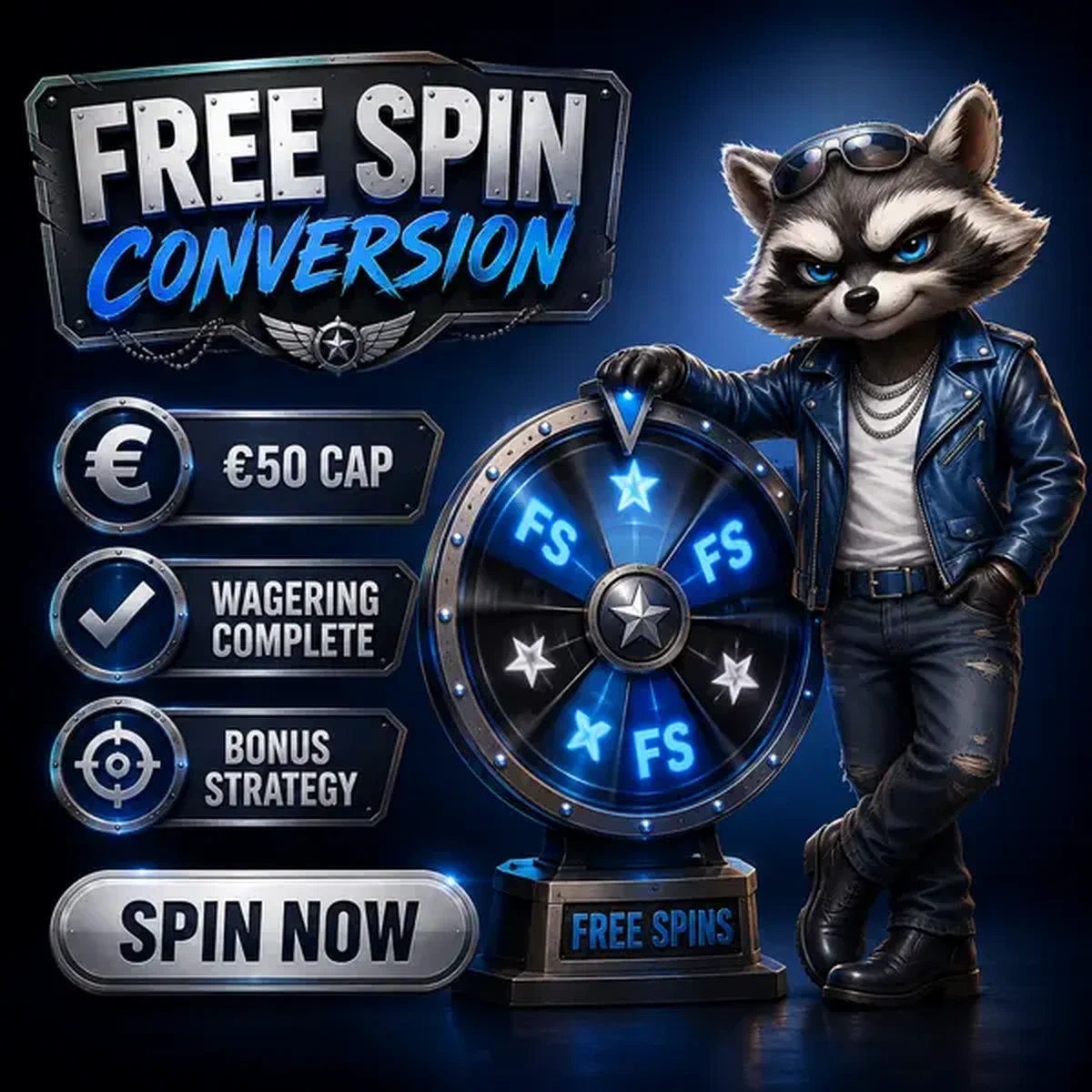 Raccoon spinning prize wheel at Free Spin Value and Winnings Conversion Casino for bonus spins