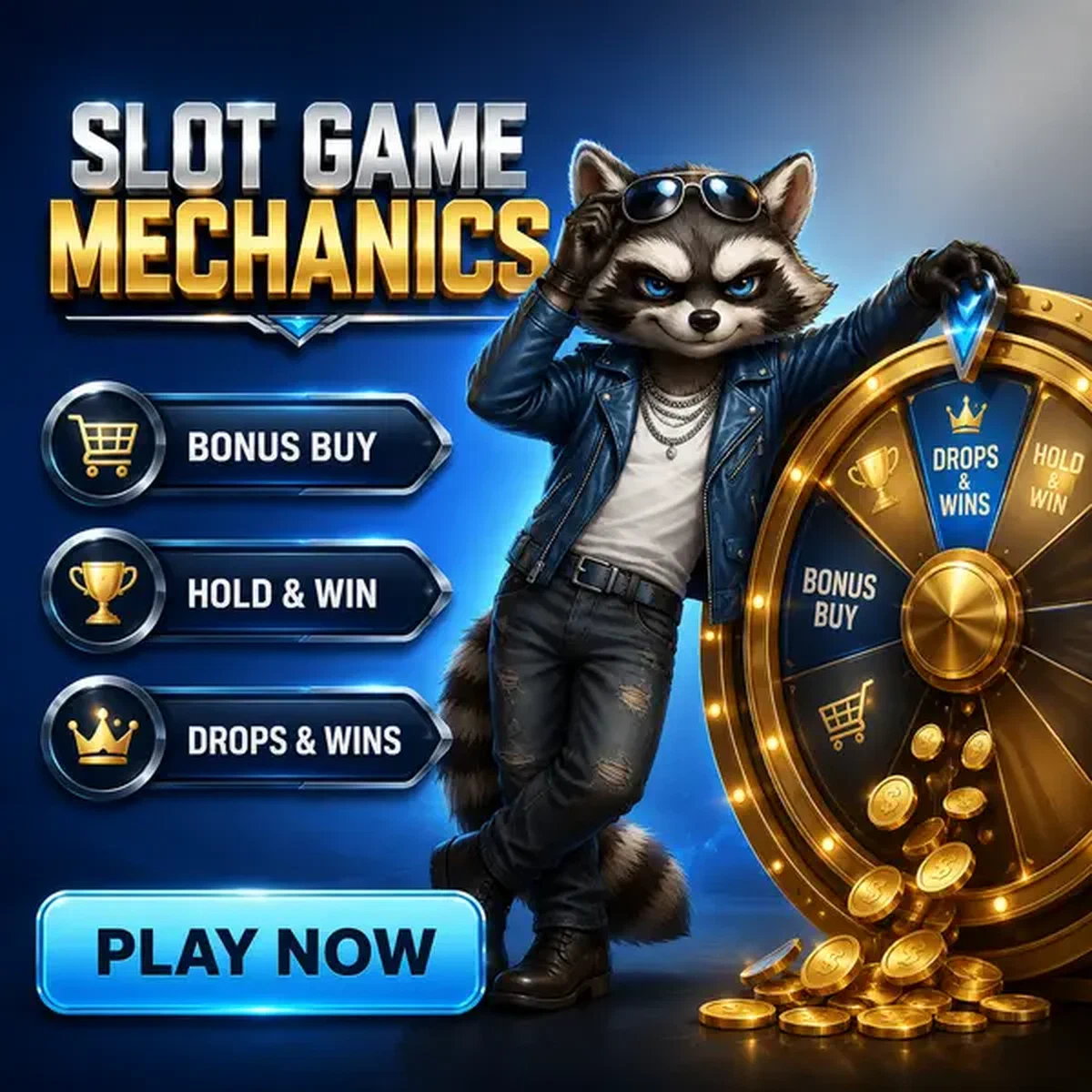 Spinning the golden prize wheel at Rockyspin pokies as The Bassist raccoon enjoys the game