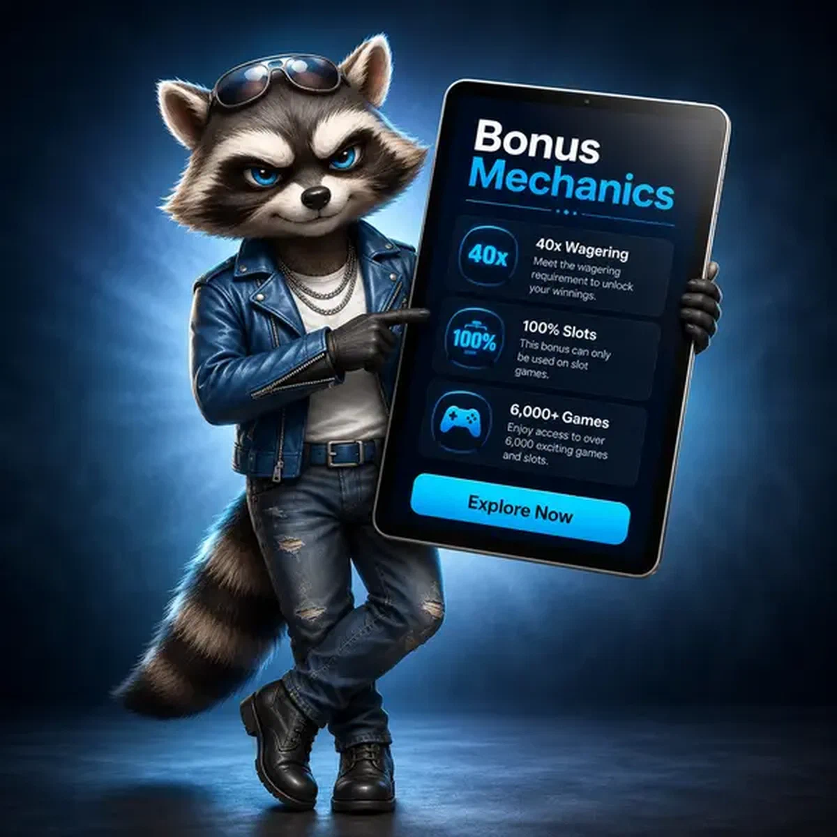 Relaxed raccoon reviewing bonus mechanics on tablet at Rockyspin no deposit bonus centre