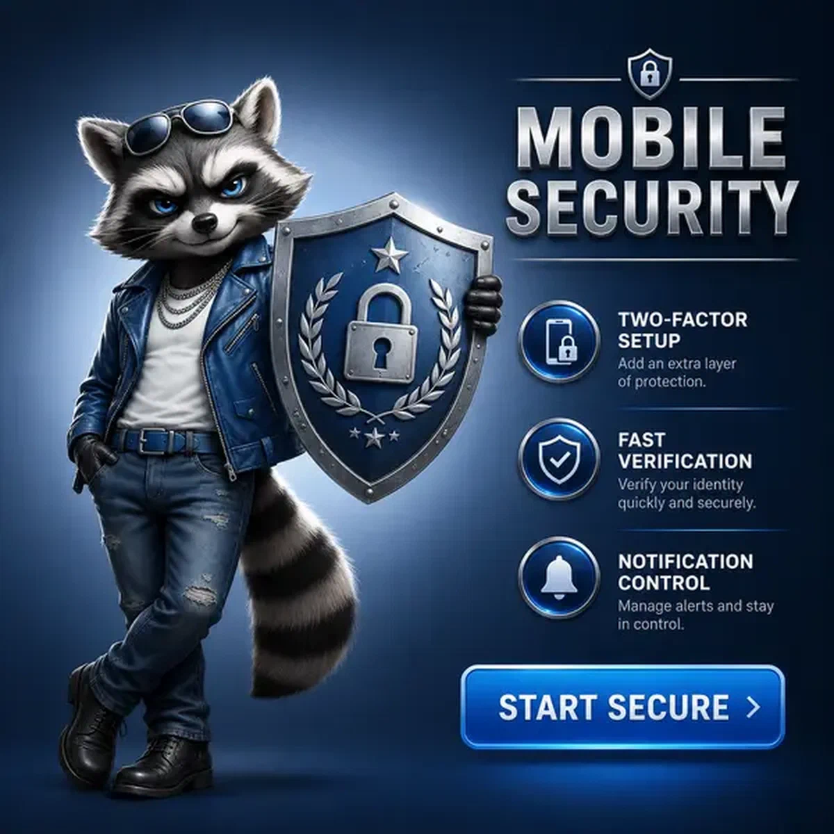 Anthropomorphic raccoon presenting shield with security emblems at Mobile Security and Account Protection app download