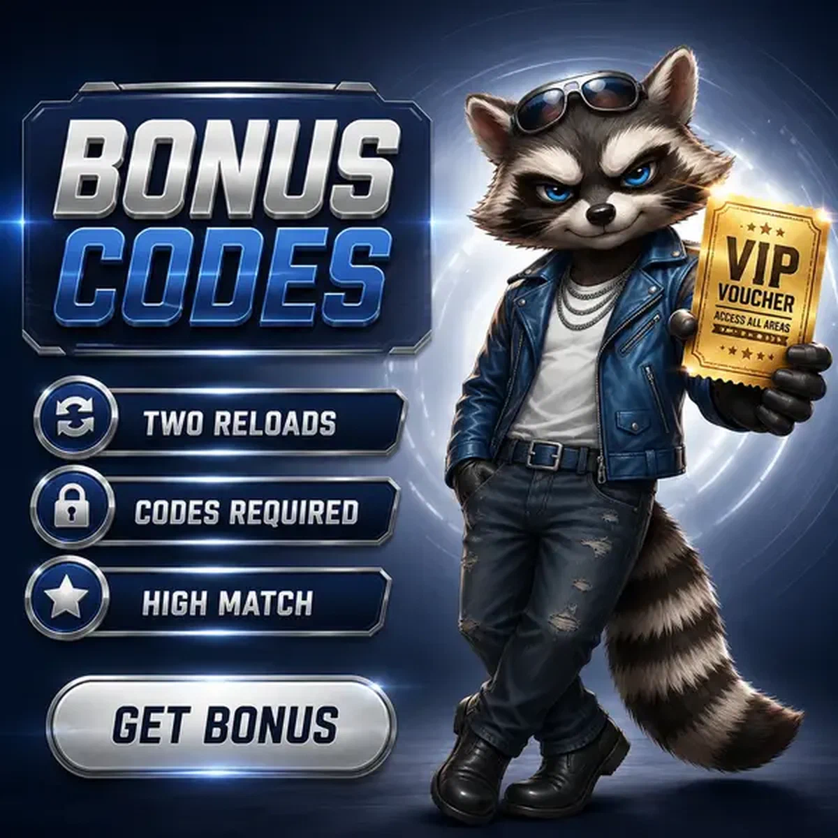 Confident raccoon presenting bonus codes at Rockyspin with golden voucher ticket