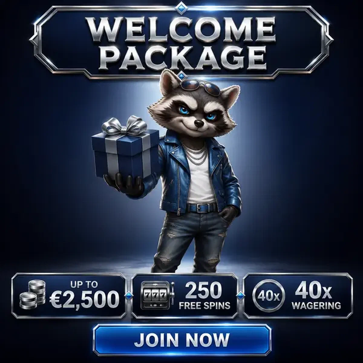 Anthropomorphic raccoon presenting welcome bonus package at Rockyspin with confident smile