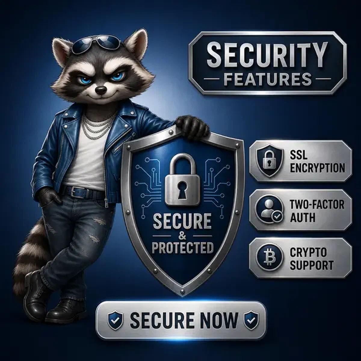 Raccoon security expert presenting SSL encryption shield at Security Features and Authentication Options login portal