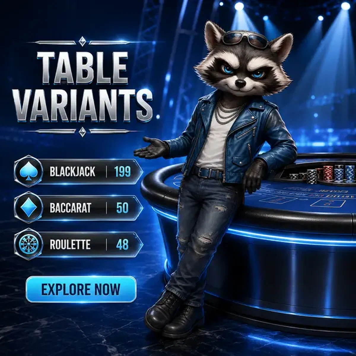 Anthropomorphic raccoon dealer presenting live casino table variants at Table Variants and Game Distribution