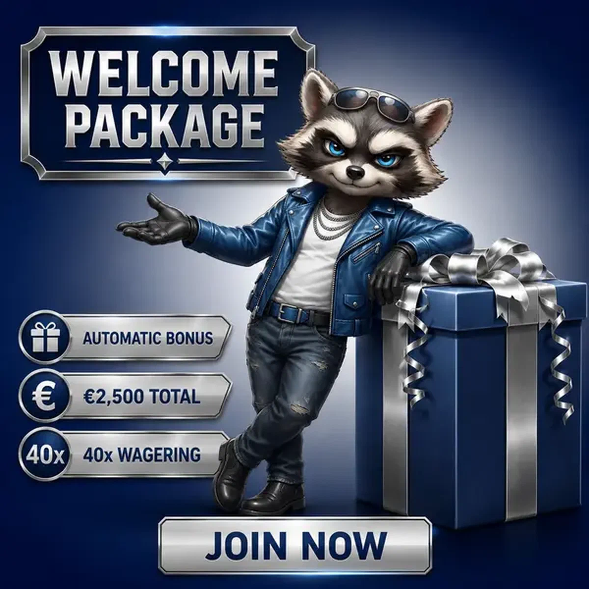 The Bassist raccoon presenting welcome package gift box at Welcome Package Mechanics signup portal