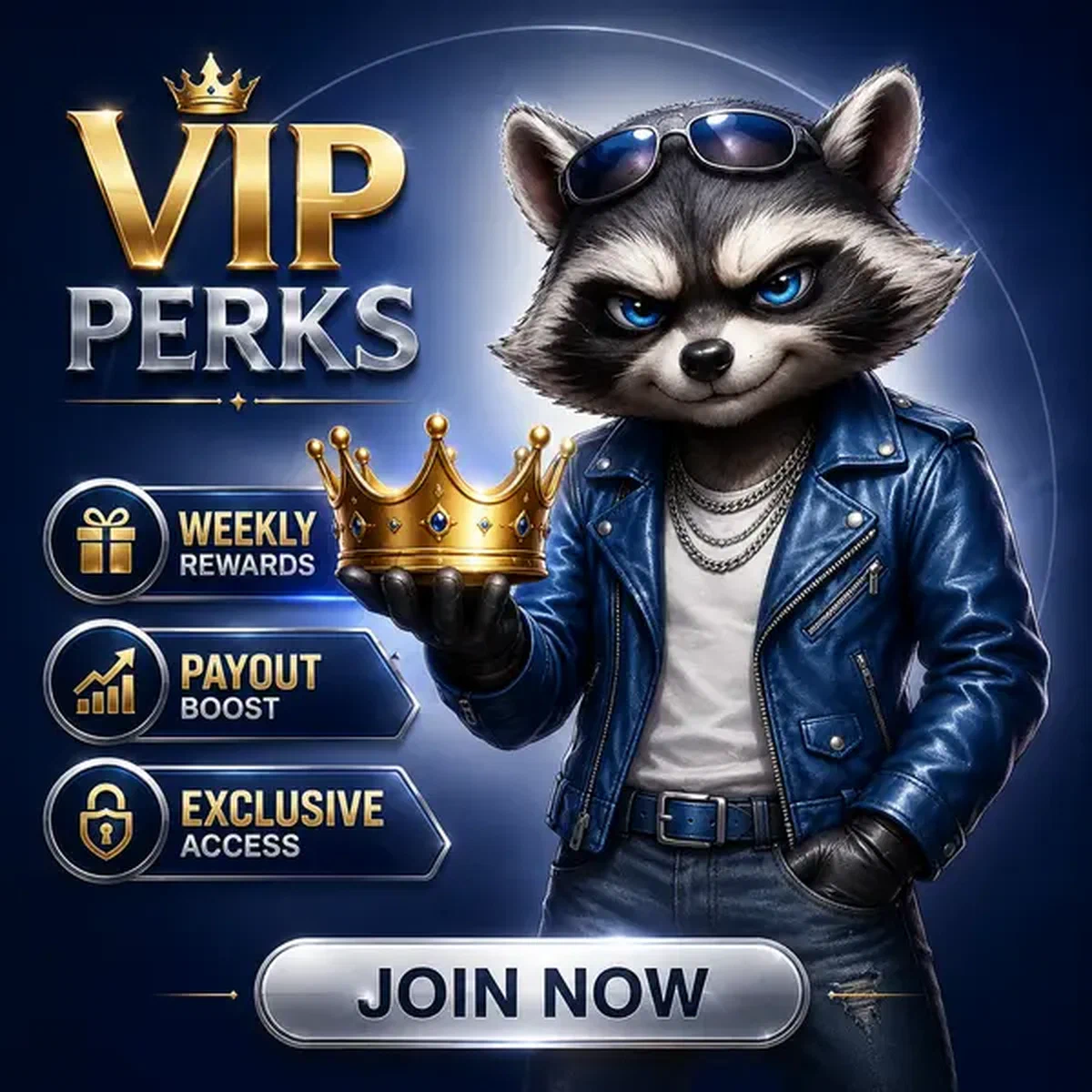 Anthropomorphic raccoon in royal blue jacket presenting golden crown at Rockyspin VIP lounge