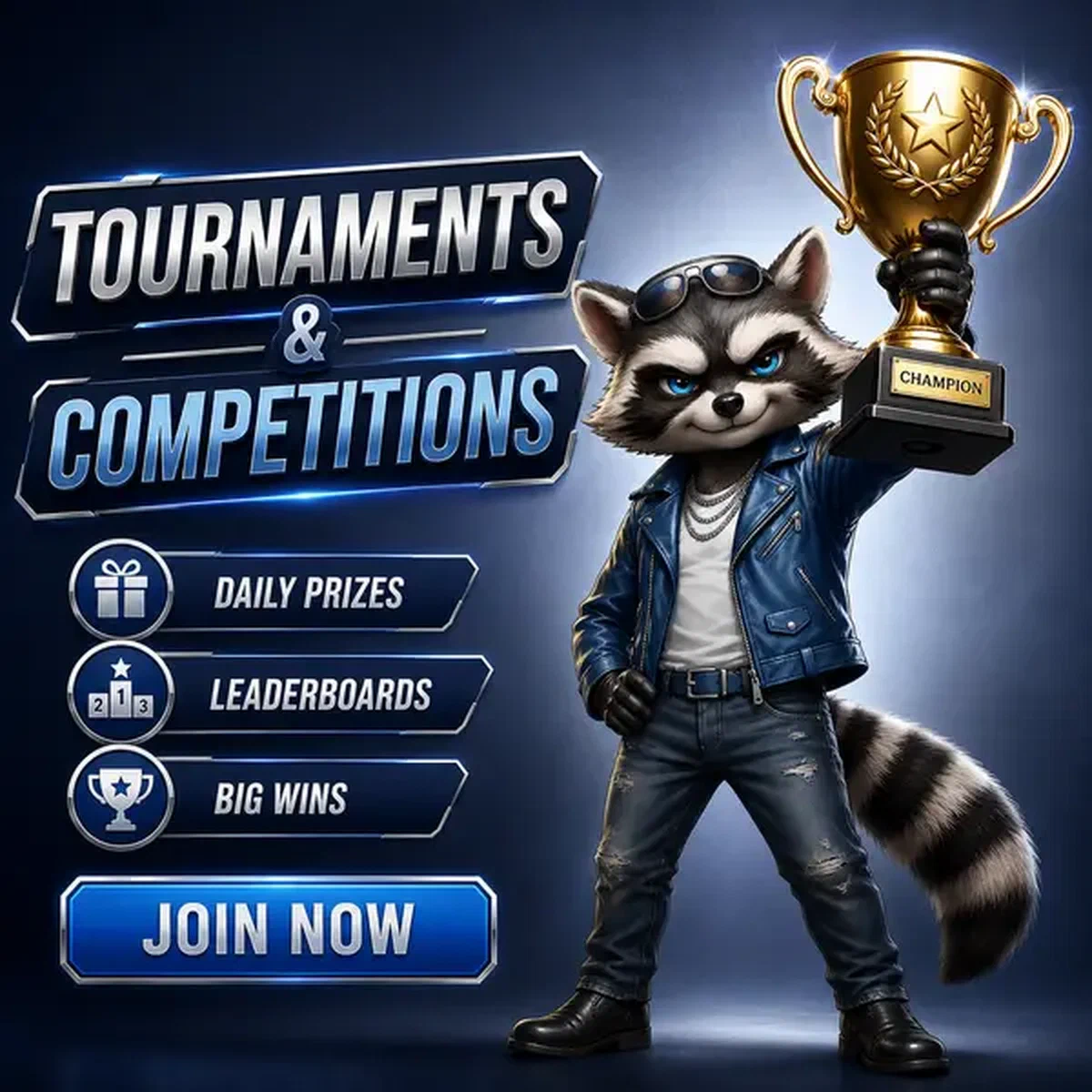 Anthropomorphic raccoon champion holding golden trophy at Rockyspin tournaments