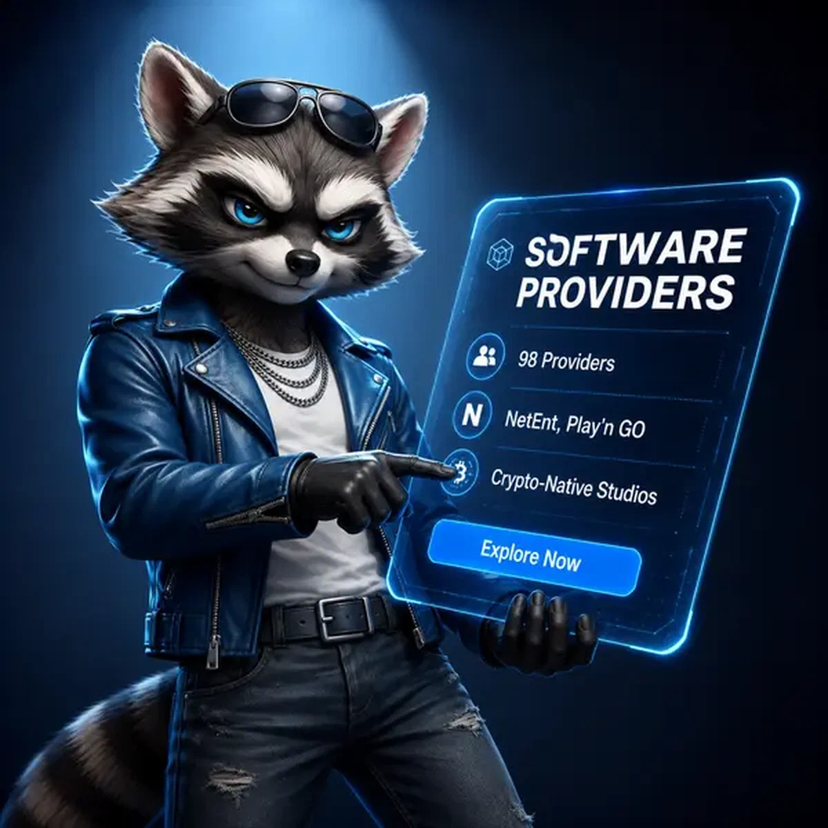 Raccoon bassist displaying software providers on holographic tablet at Rockyspin Casino