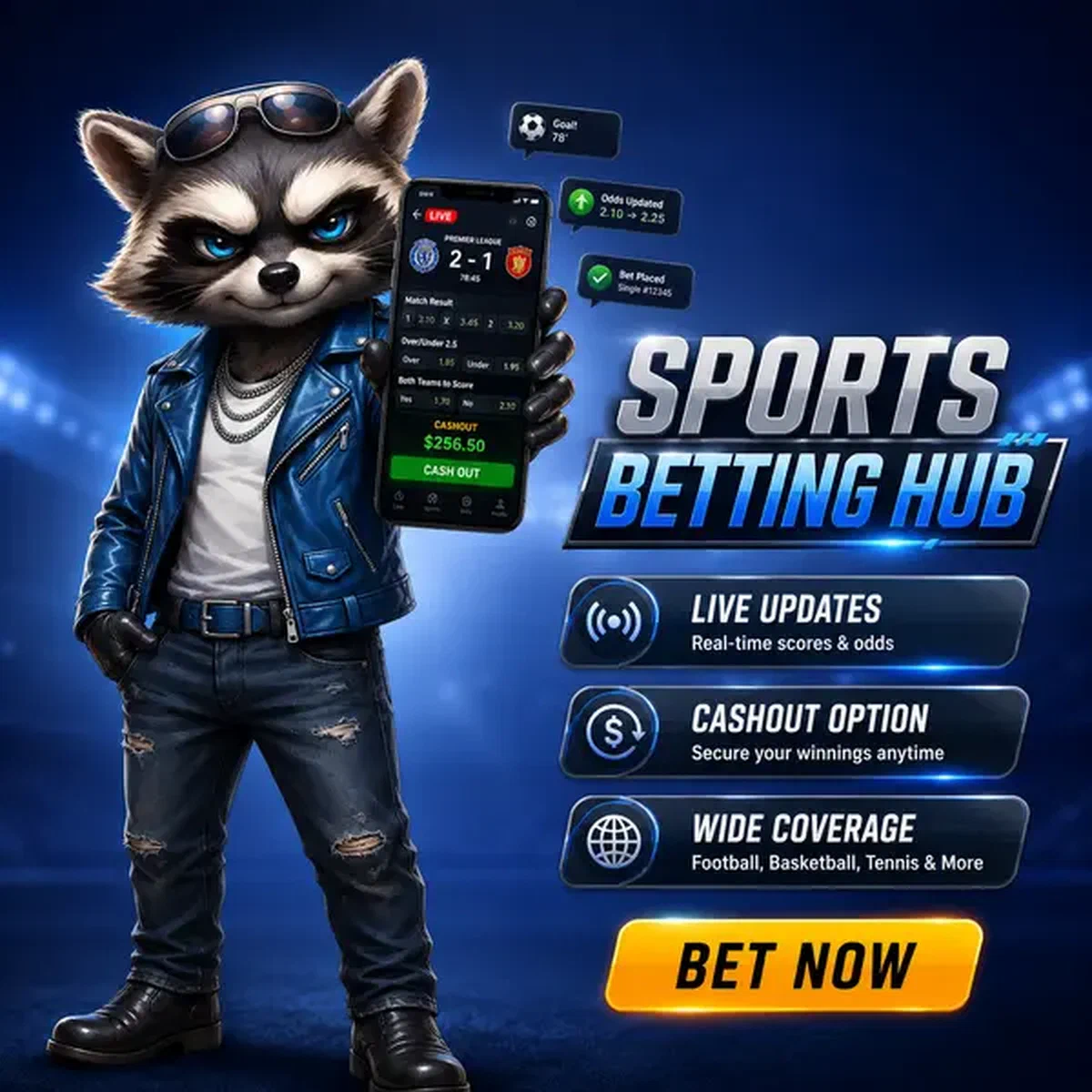 Anthropomorphic raccoon confidently checking live sports betting odds on smartphone at Rockyspin Sports Betting